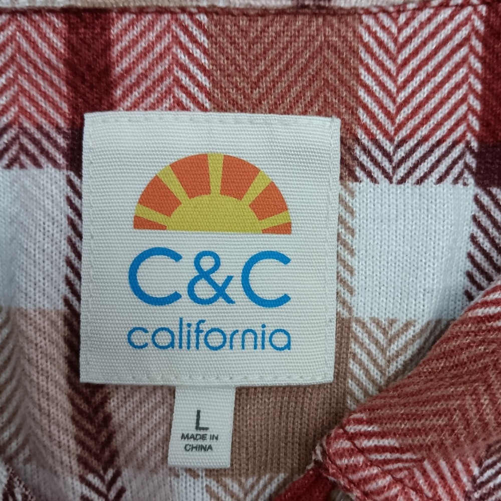 C&C California Womens Red Plaid Button Down Shirt Large Stretch Knit Flannel L - Picture 8 of 9
